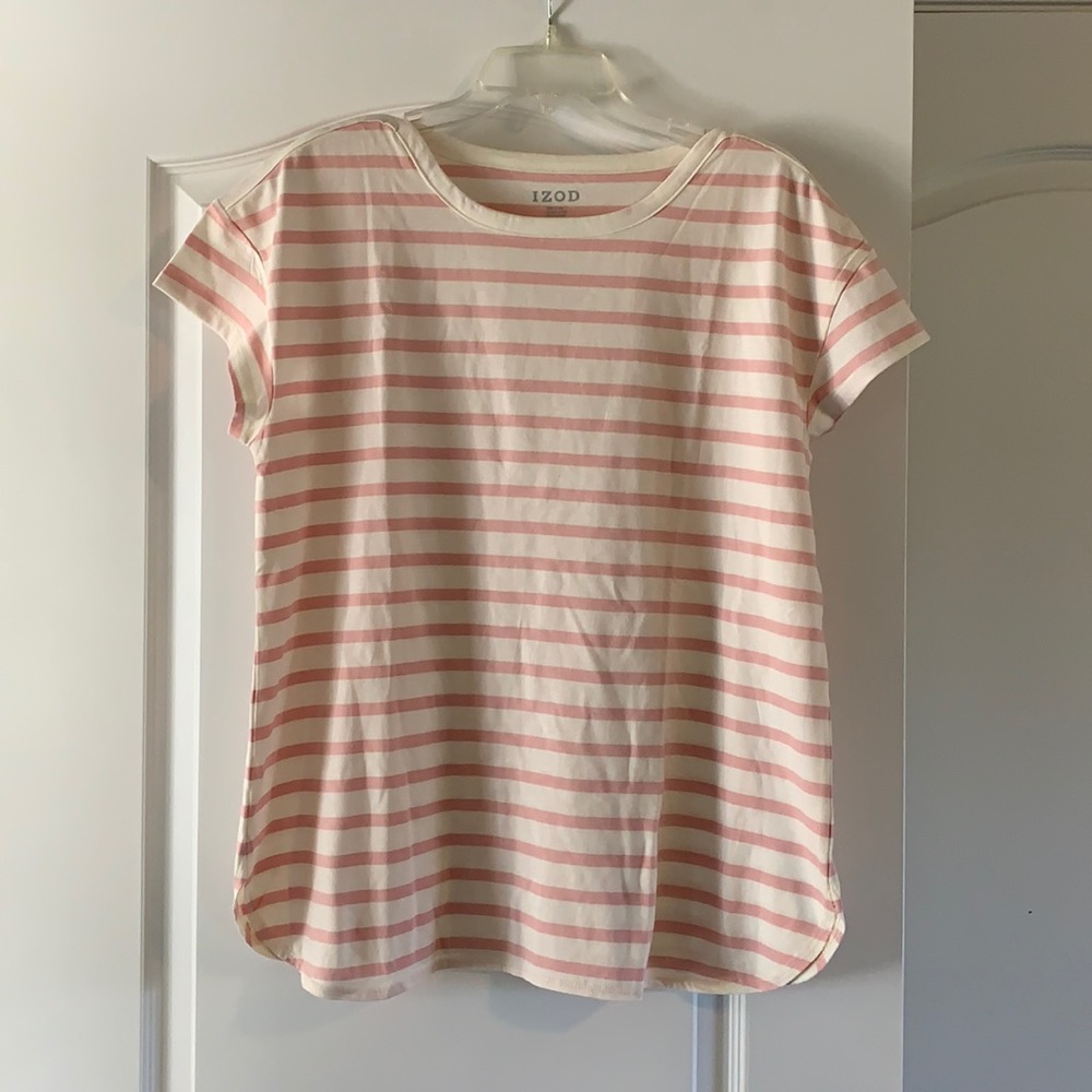 IZOD CREAM WITH PINK STRIPES SHORT SLEEVE TOP